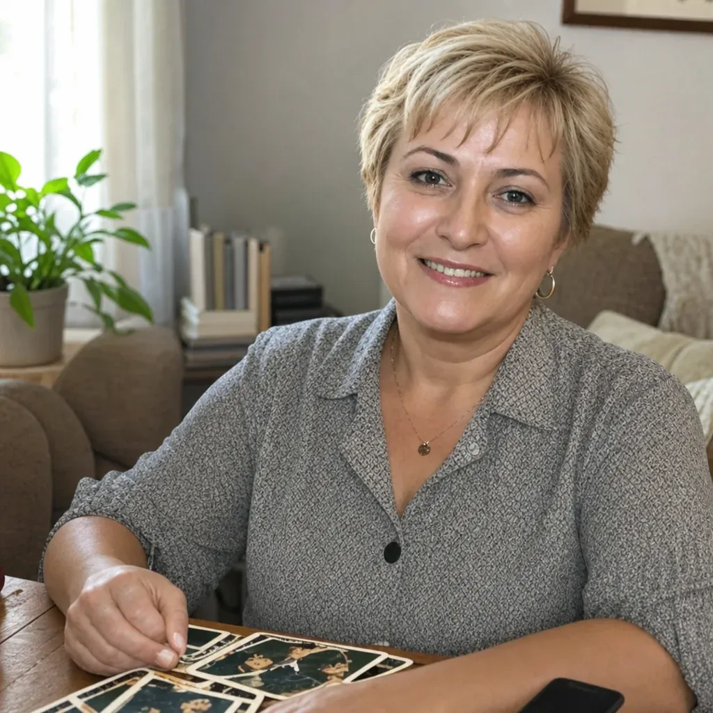 Iris Belmonte echando las cartas en el salón de casa