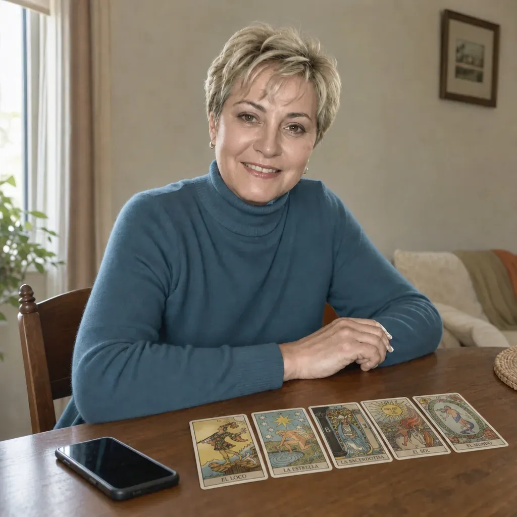 Iris Belmonte con cinco arcanos mayores descubiertos sobre la mesa