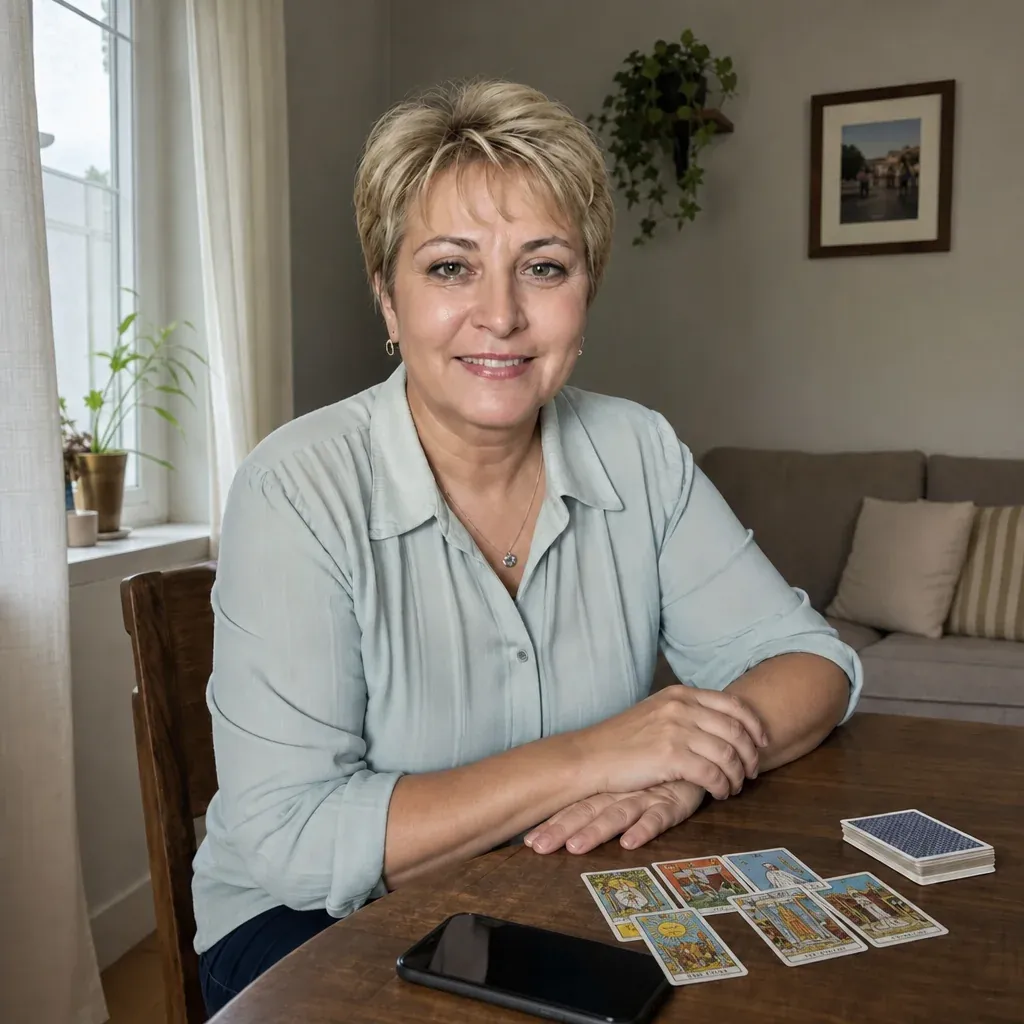 Iris Belmonte con el tarot y el teléfono en su mesa de consulta