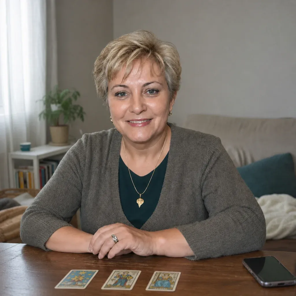 Iris Belmonte con tres cartas del tarot del amor sobre la mesa